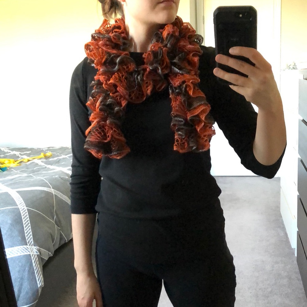 Handmade Rust and Black Crocheted Ruffled Scarf
